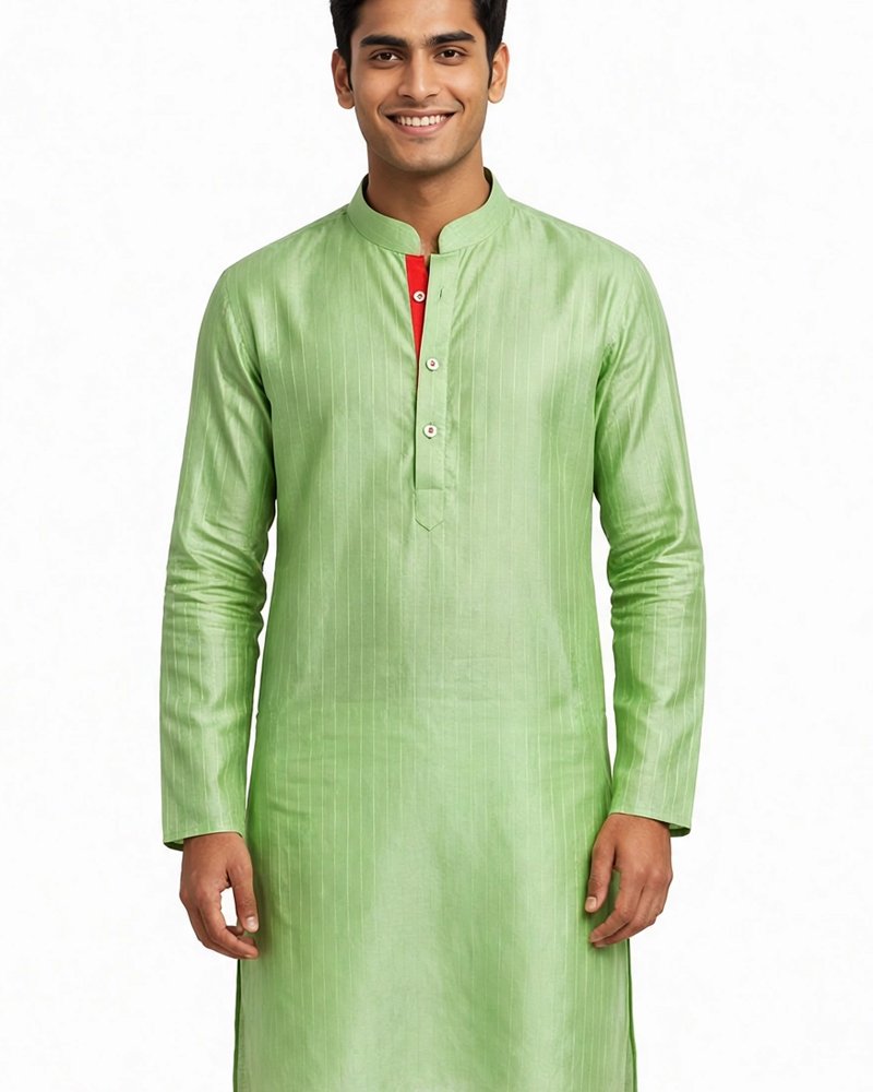 Pista Silk Kurta w/ Red Placket